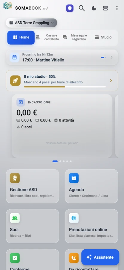 La home dell’associazione con la Gestione ASD in evidenza, l’agenda e i soci