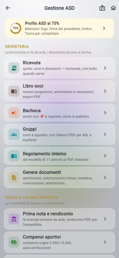 Il menu della Gestione ASD con ricevute, libro soci, bacheca, gruppi, regolamento e rendiconto