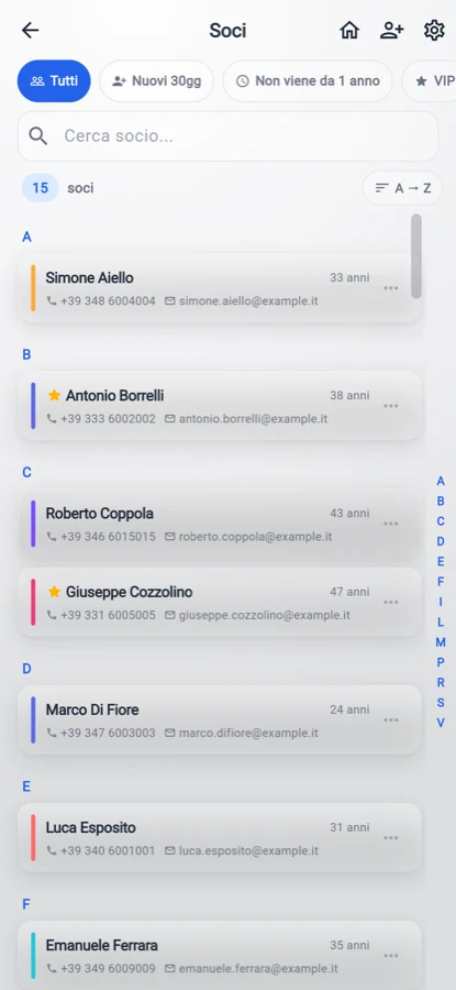 L’elenco dei soci con filtri per nuovi, VIP e chi non frequenta da un anno