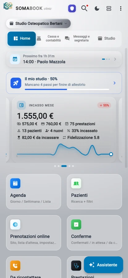La home dello studio con incasso del mese e prossimo paziente