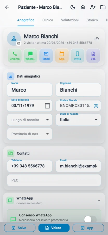 La scheda del paziente con anagrafica, clinica, valutazioni e storico
