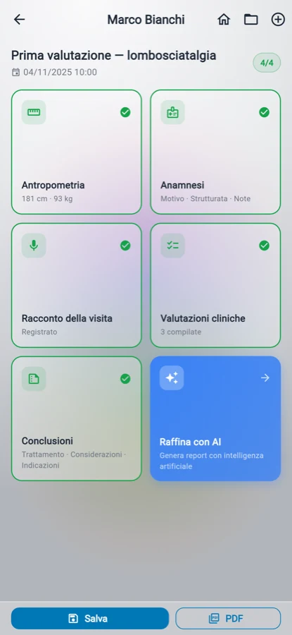 Una valutazione con antropometria, anamnesi, racconto della visita, test clinici e conclusioni