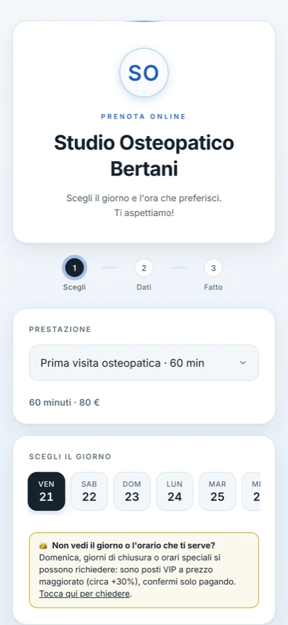 La pagina pubblica di prenotazione dello studio