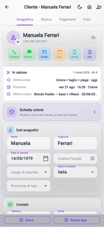 La scheda della cliente con storico dei servizi