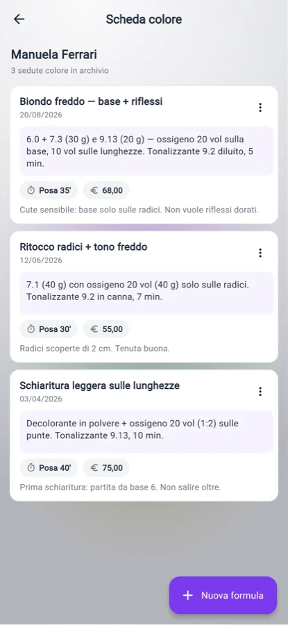 La scheda colore con formula, grammi e risultato di ogni seduta