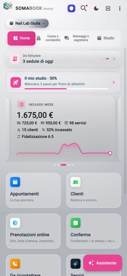 La home del centro estetico con incasso del mese e sedute da fatturare