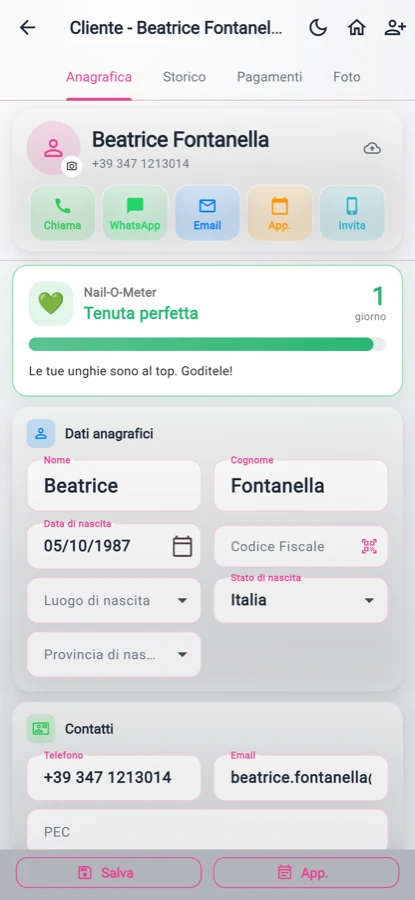 La scheda cliente con il Nail-O-Meter