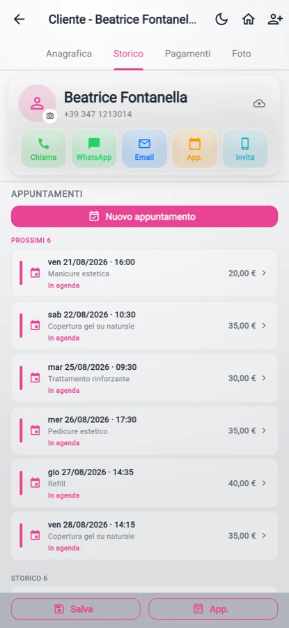 Lo storico della cliente con prossimi appuntamenti e sedute passate